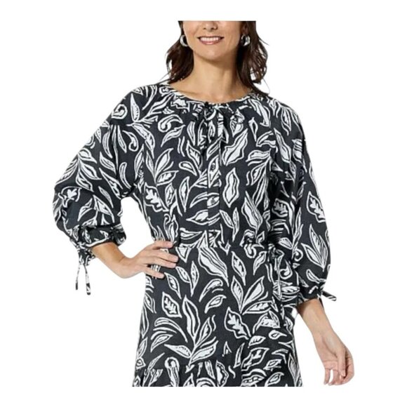 G by Giuliana Printed Stretch Poplin Blouson Sleeve Top Size Large Black NWOT - Picture 1 of 7